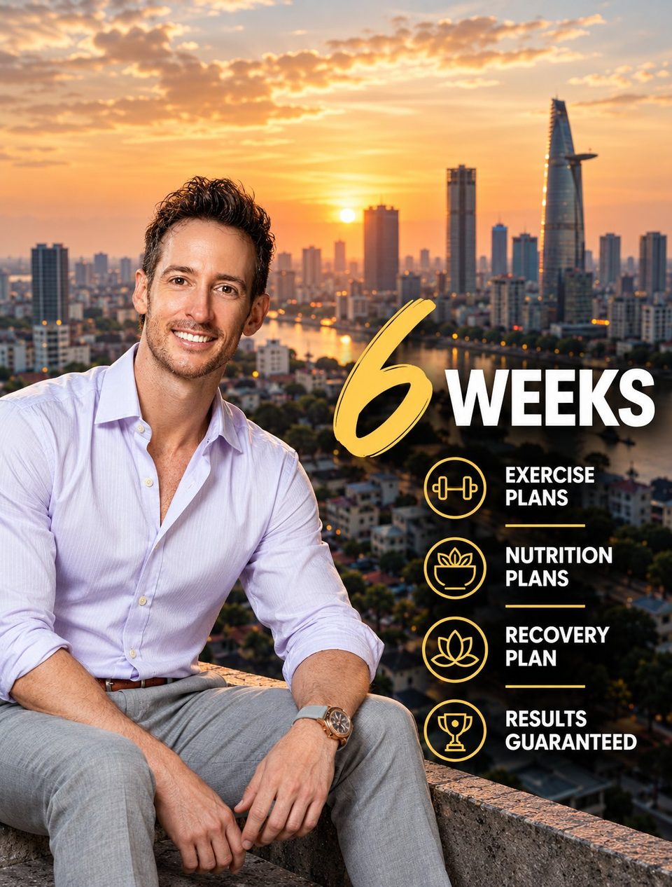 Phil Kelly at sunset above Ho Chi Minh City. 6 weeks: exercise plans, nutrition plans, recovery plan, results guaranteed.