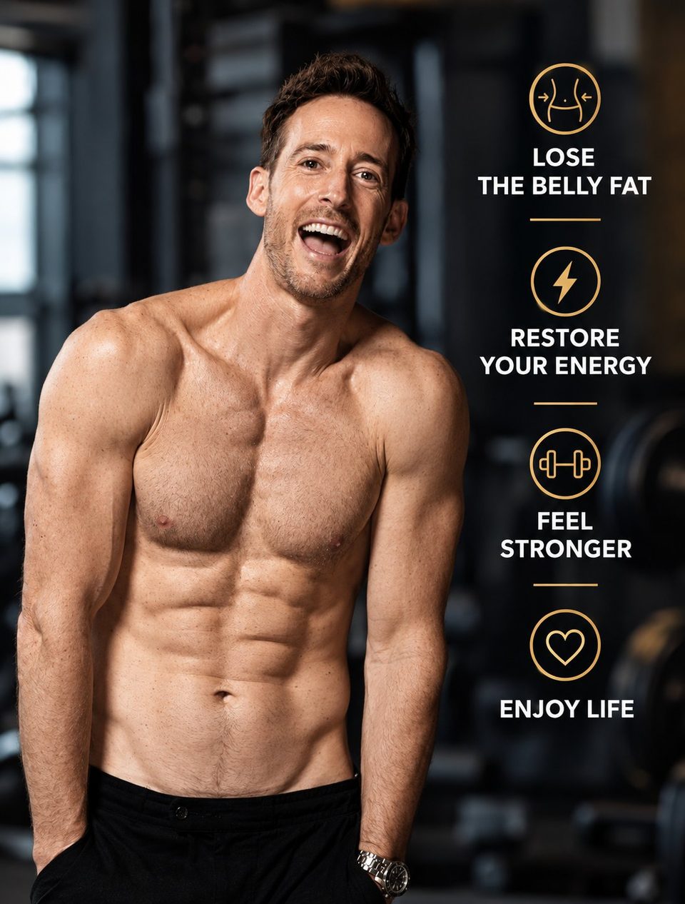 Phil Kelly laughing in the gym. Lose the belly fat, restore your energy, feel stronger, enjoy life.
